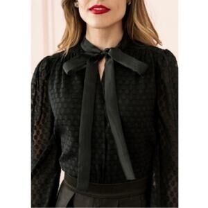 Rachel Parcell Black Texture Dot Tie Front Long Sleeve Sheer Blouse Top Large